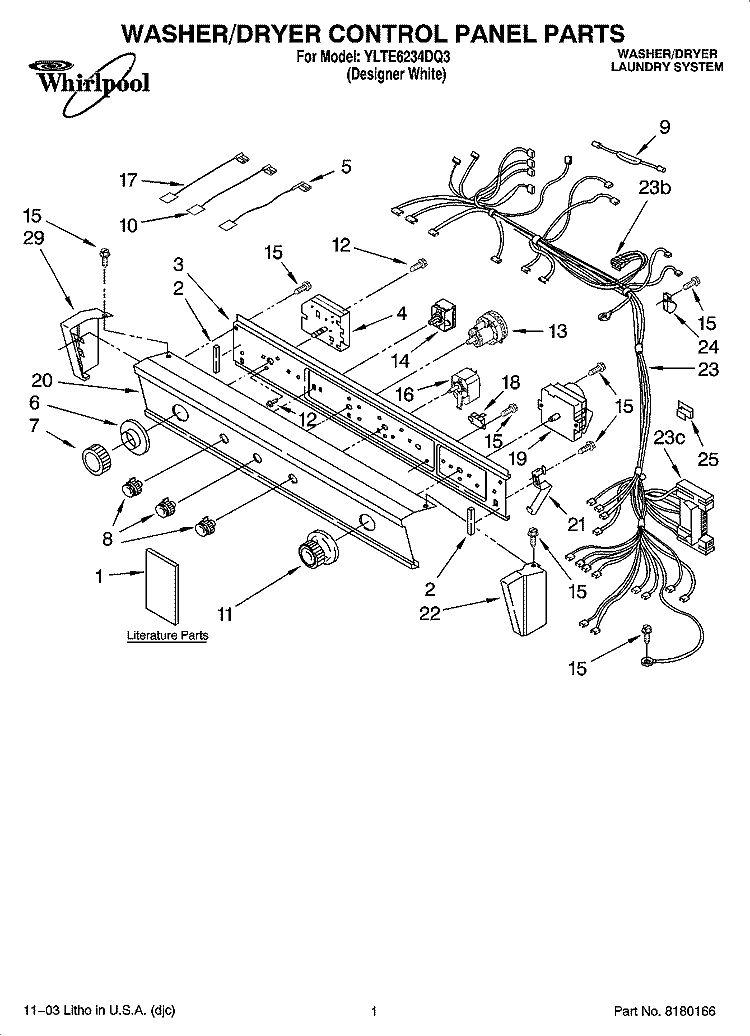 WASHER/DRYER CONTROL PANEL PARTS Diagram and Parts List for YLTE6234DQ3  Whirlpool Washer Dryer Combo