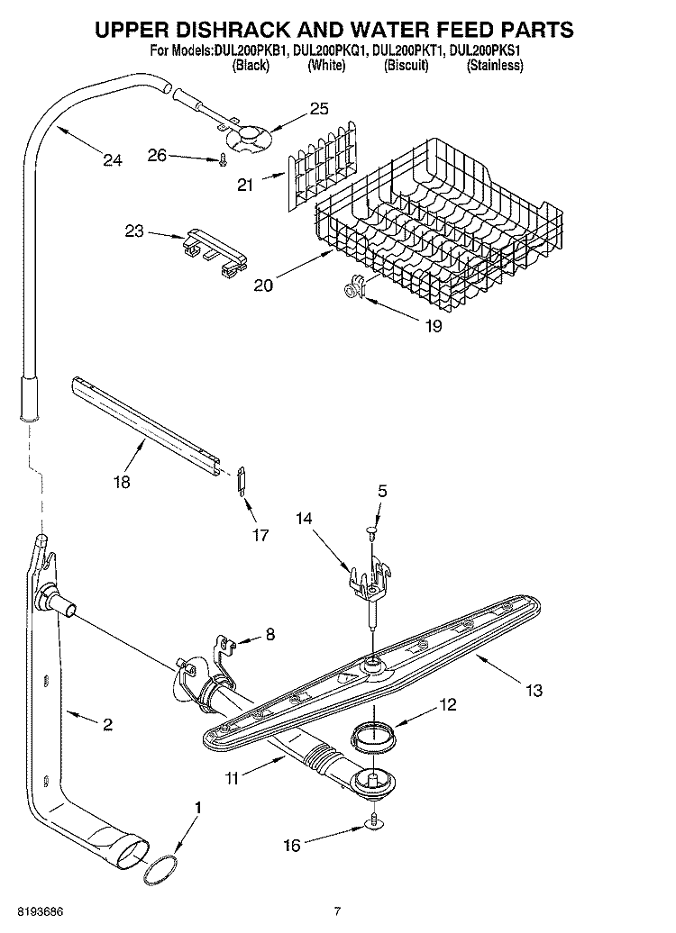 UPPER DISHRACK AND WATER FEED PARTS Diagram and Parts List for DUL200PKB1  Whirlpool Dishwasher