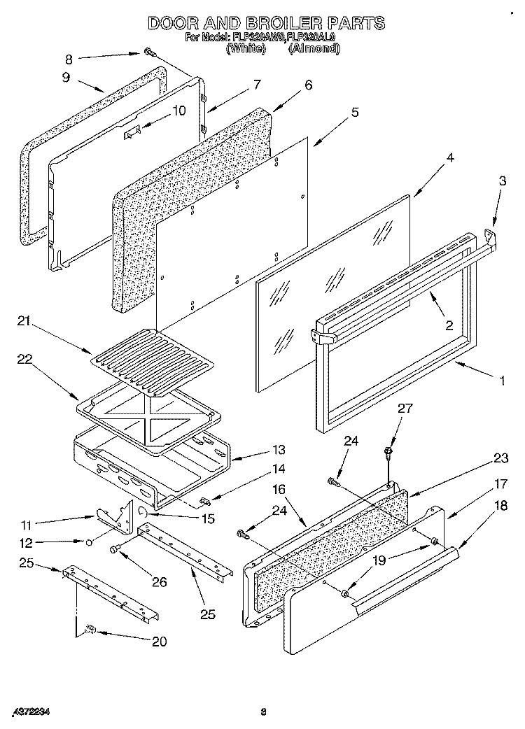 DOOR AND BROILER Diagram and Parts List for FLP320AW0  Roper Range
