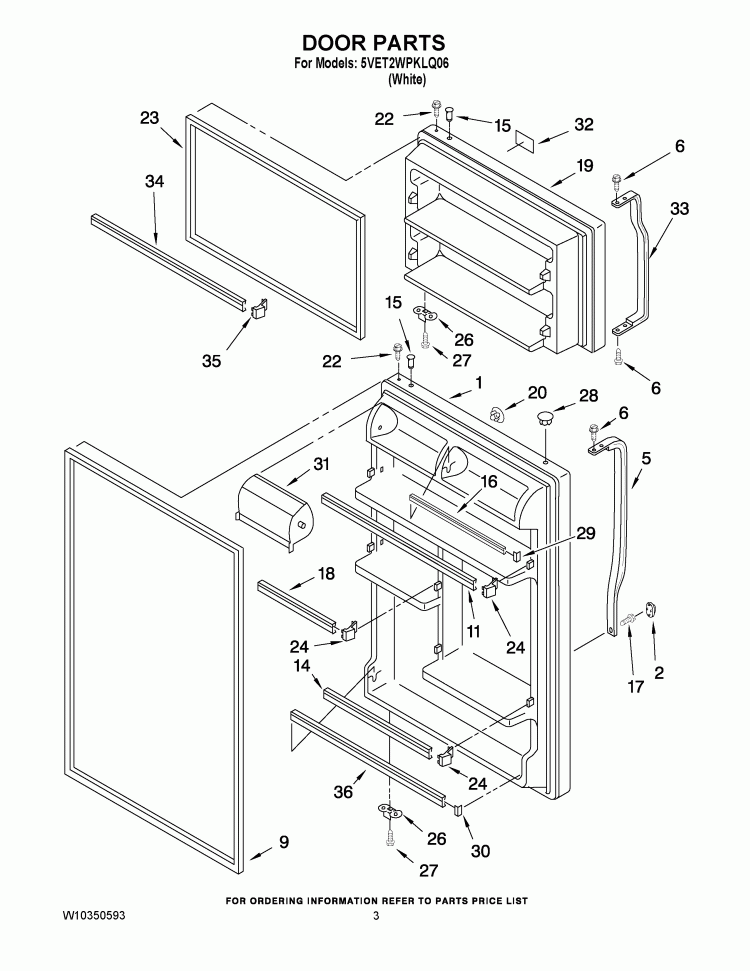 DOOR PARTS Diagram and Parts List for 5VET2WPKLQ06  Whirlpool Refrigerator