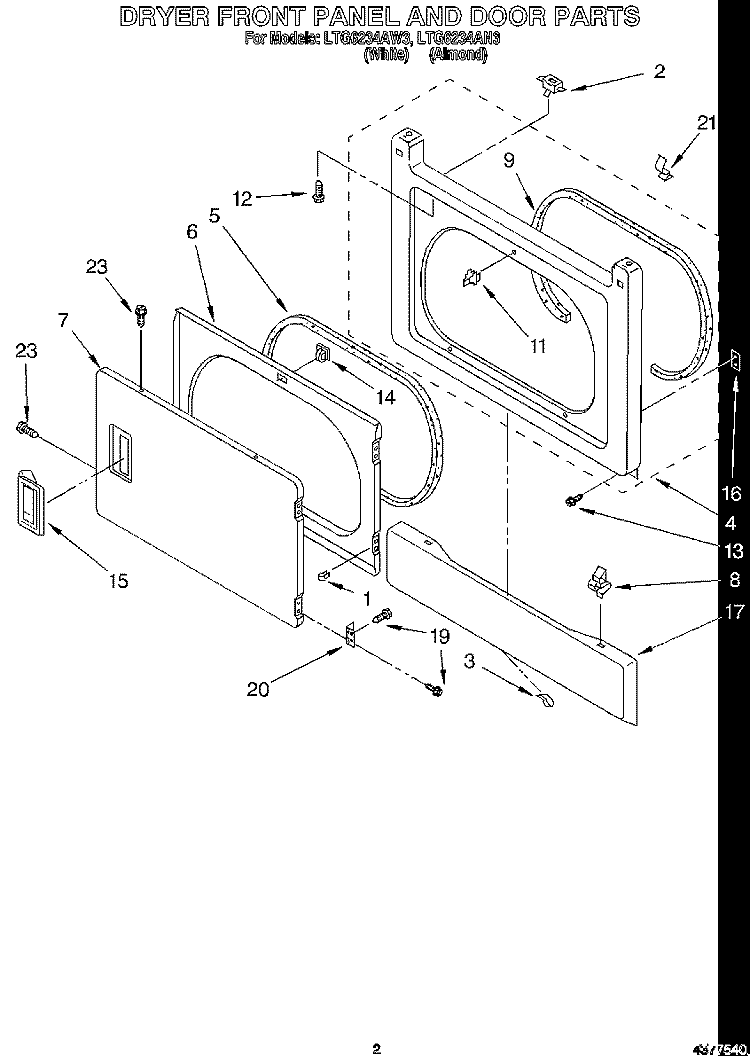 DRYER FRONT PANEL AND DOOR Diagram and Parts List for LTG6234AN3  Whirlpool Washer Dryer Combo