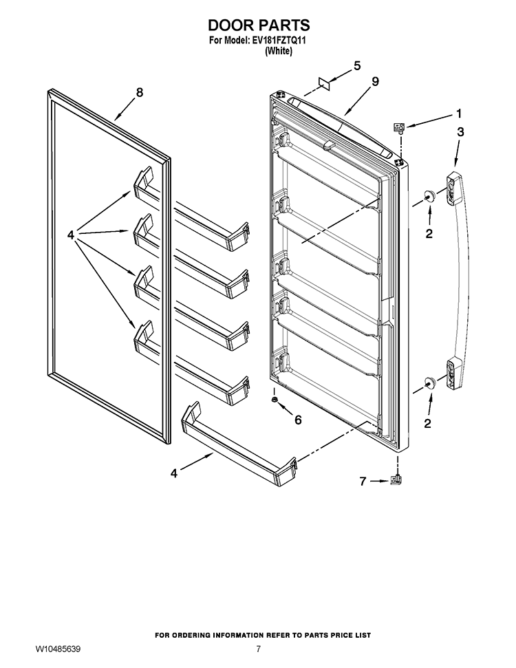 DOOR PARTS Diagram and Parts List for EV181FZTQ11  Whirlpool Freezer
