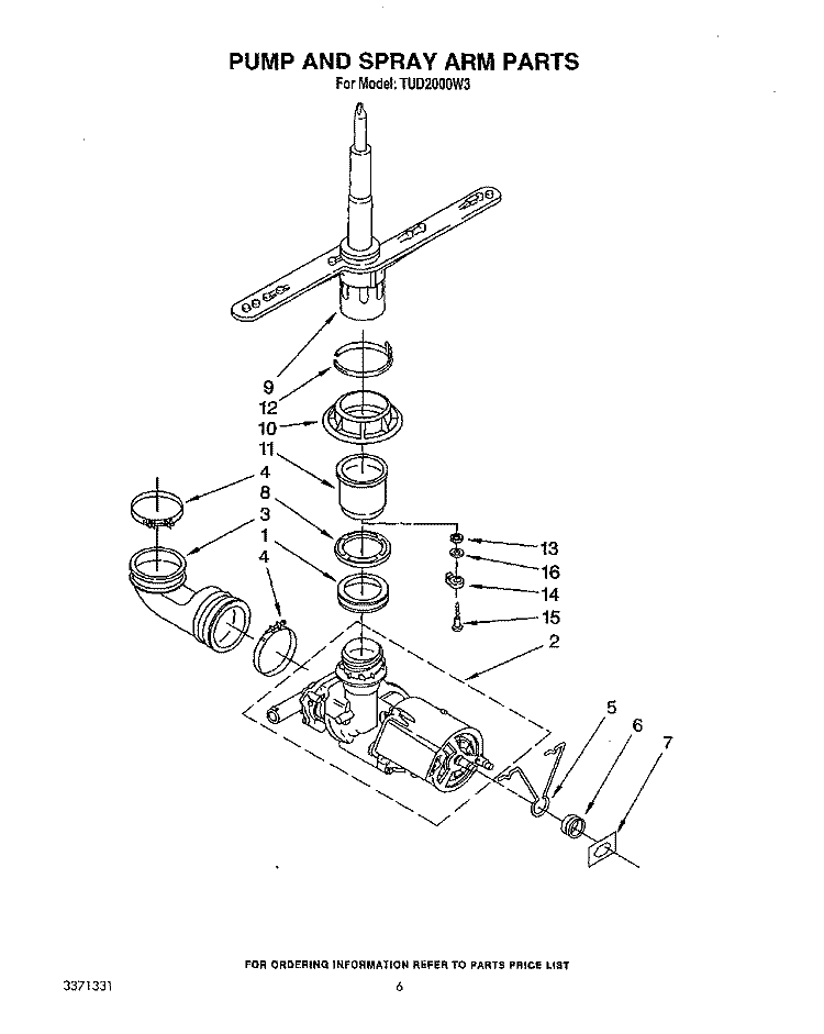 PUMP AND SPRAY ARM Diagram and Parts List for TUD2000W3  Whirlpool Dishwasher