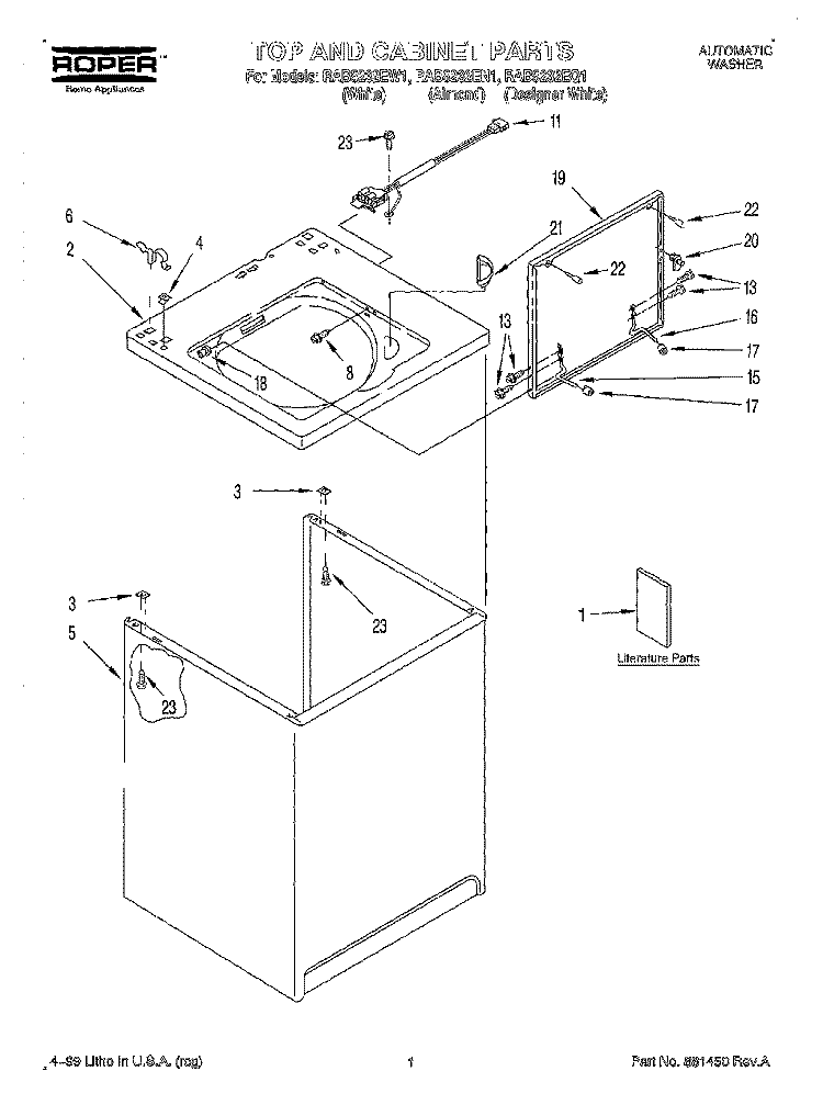 TOP AND CABINET, LITERATURE Diagram and Parts List for RAB5232EN1  Roper Washer