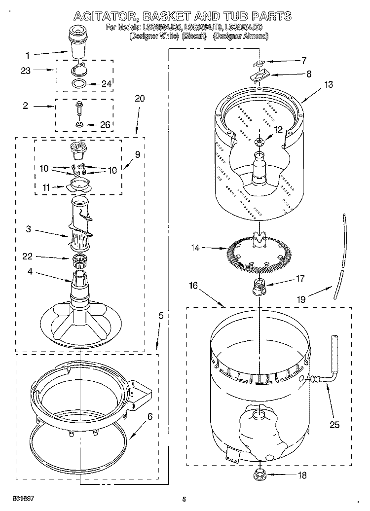 AGITATOR, BASKET AND TUB Diagram and Parts List for LSQ9564JQ0  Whirlpool Washer