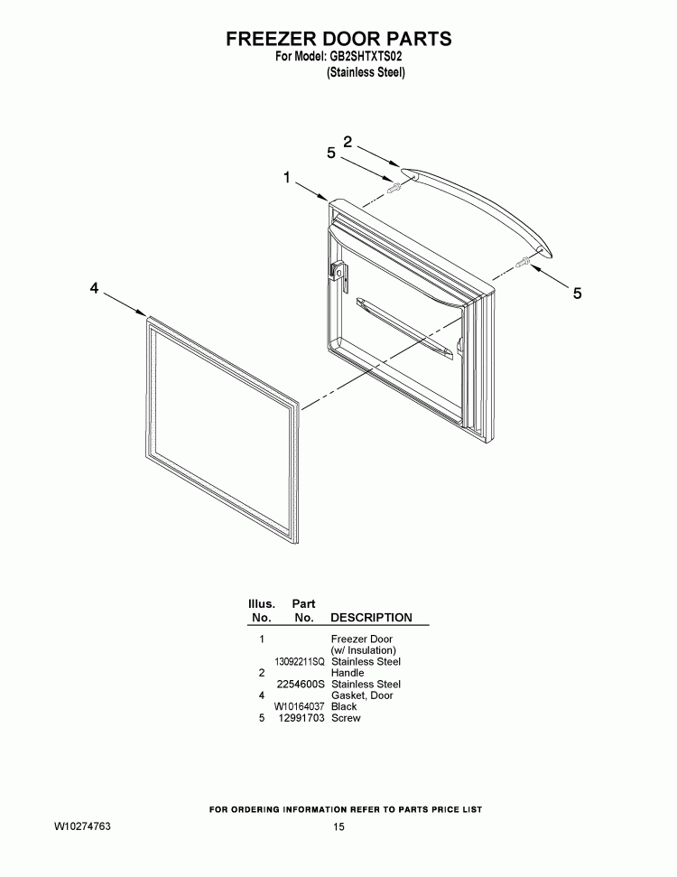 FREEZER DOOR PARTS Diagram and Parts List for GB2SHTXTS02  Whirlpool Refrigerator