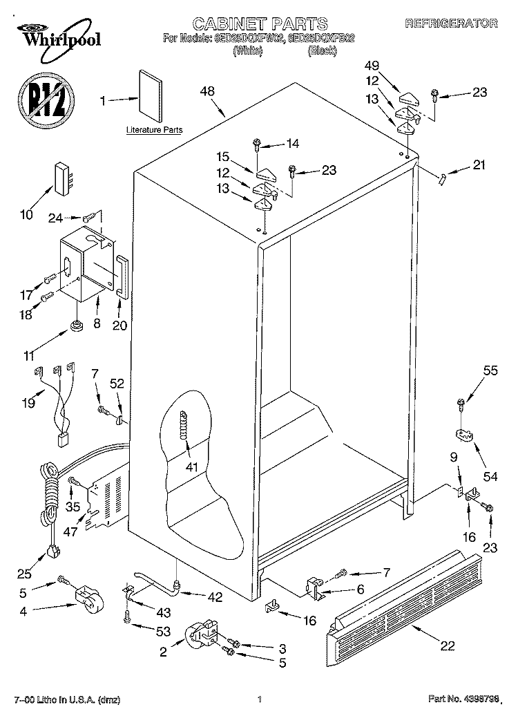 CABINET, LITERATURE Diagram and Parts List for 6ED25DQXFB02  Whirlpool Refrigerator