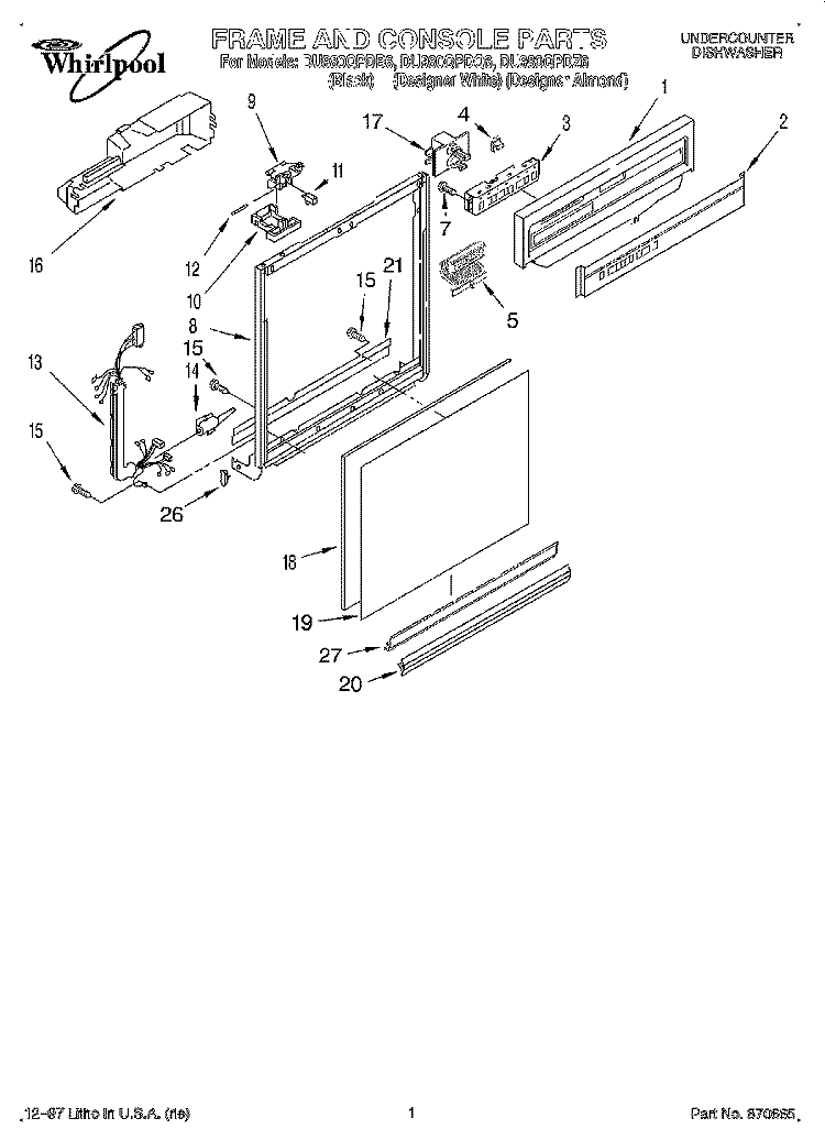 FRAME AND CONSOLE Diagram and Parts List for DU980QPDZ6  Whirlpool Dishwasher