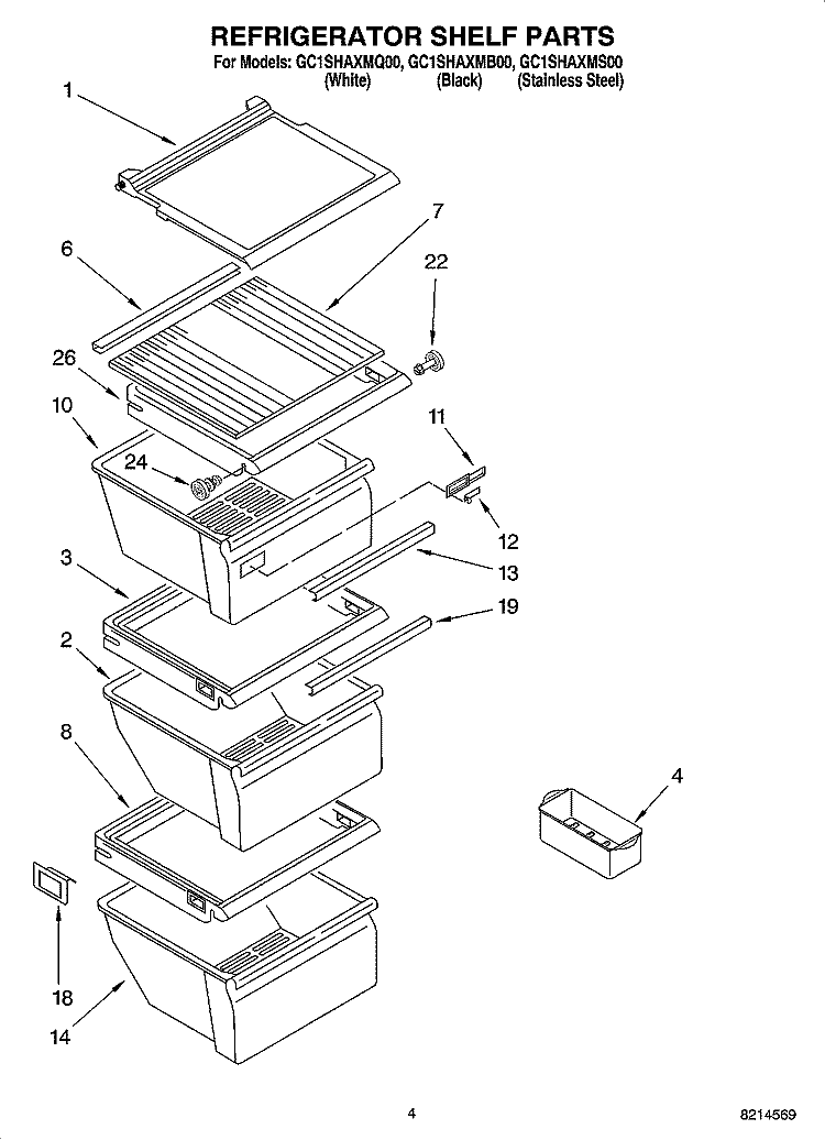 REFRIGERATOR SHELF PARTS Diagram and Parts List for GC1SHAXMB00  Whirlpool Refrigerator