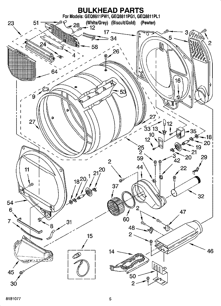 BULKHEAD PARTS, OPTIONAL PARTS (NOT INCLUDED) Diagram and Parts List for GEQ8811PL1  Whirlpool Dryer