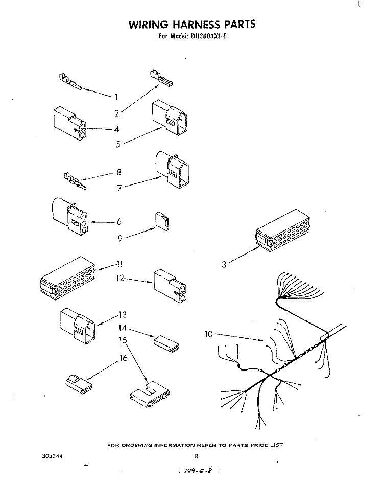 WIRING HARNESS Diagram and Parts List for DU3000XL0  Whirlpool Dishwasher
