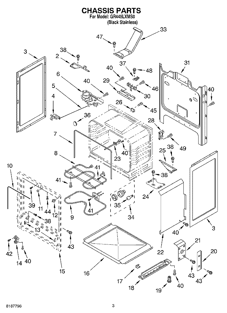CHASSIS PARTS Diagram and Parts List for GR445LXMS0  Whirlpool Range