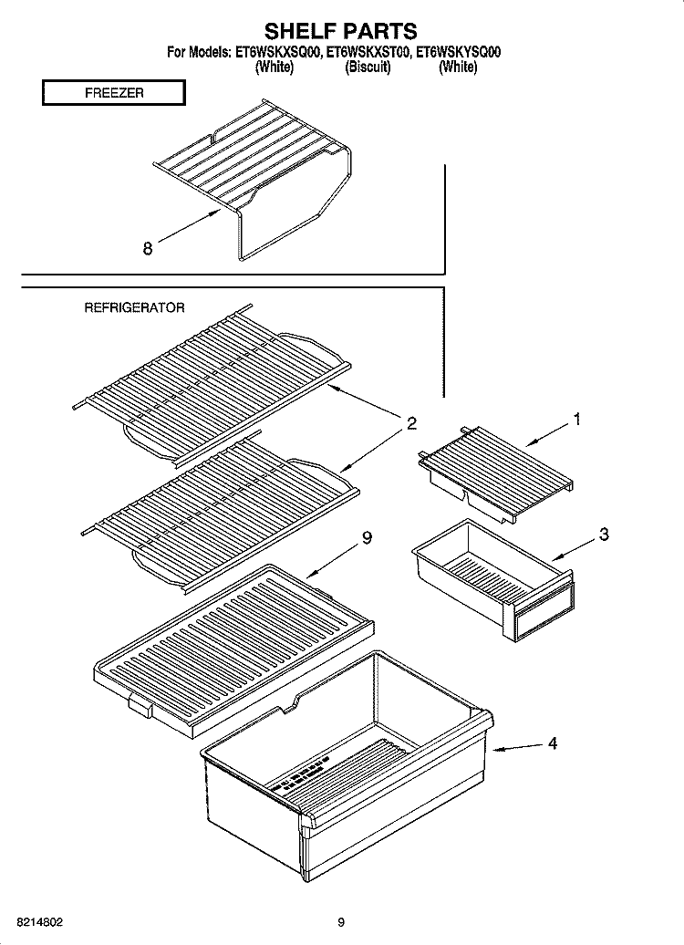 SHELF PARTS, OPTIONAL PARTS Diagram and Parts List for ET6WSKYSQ00  Whirlpool Refrigerator
