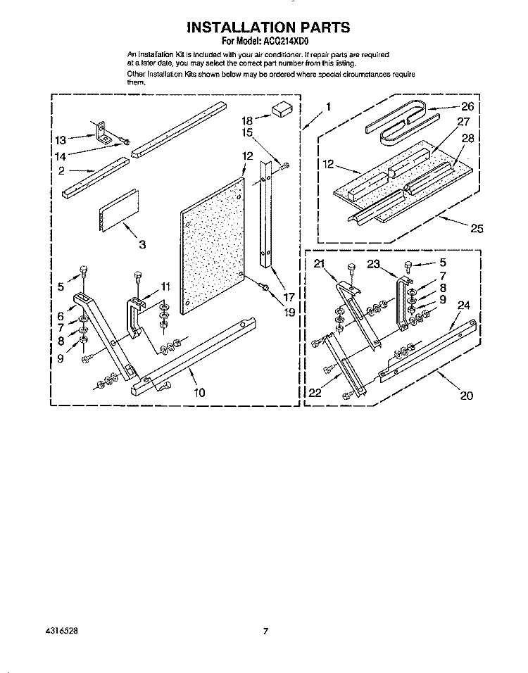 INSTALLATION Diagram and Parts List for ACQ214XD0  Whirlpool Air Conditioner