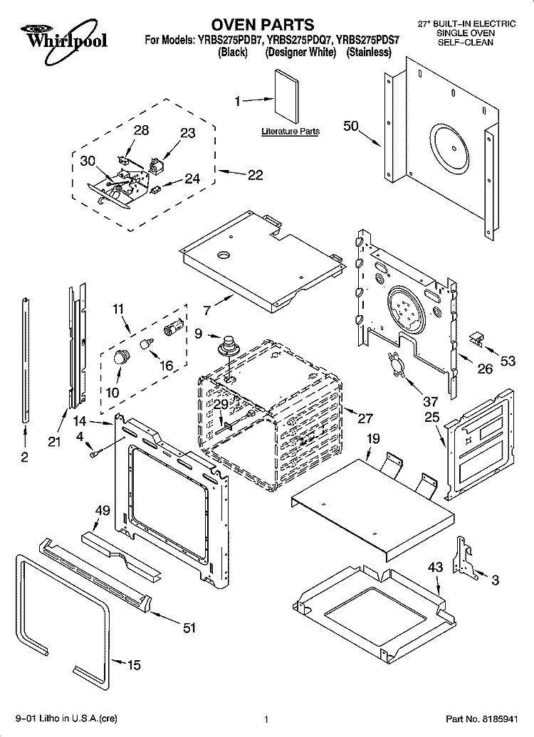 OVEN PARTS Diagram and Parts List for YRBS275PDQ7  Whirlpool Wall Oven