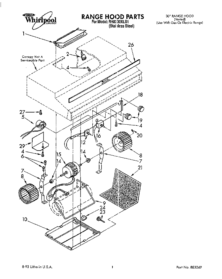 SECTION Diagram and Parts List for RH8330XLS1  Whirlpool Range Hood