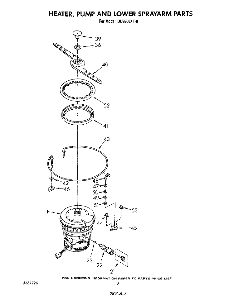 HEATER, PUMP AND LOWER SPRAY ARM Diagram and Parts List for DU9200XT0  Whirlpool Dishwasher