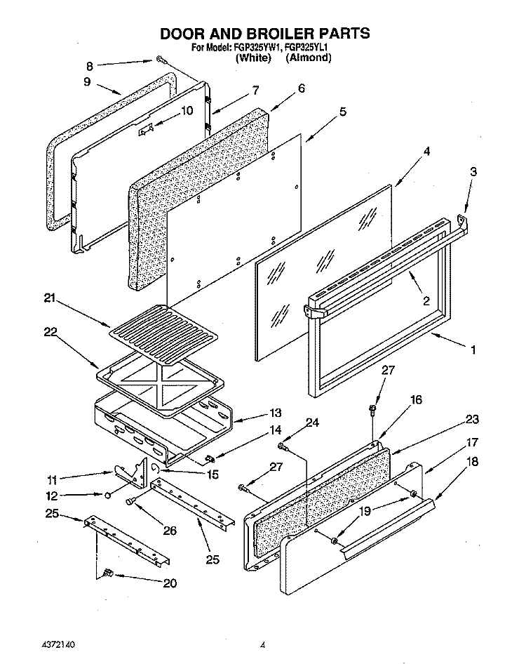 DOOR AND BROILER Diagram and Parts List for FGP325YW1  Roper Range
