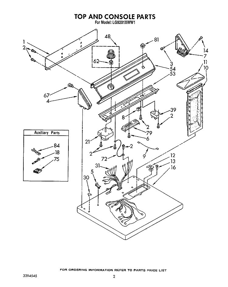 TOP AND CONSOLE, LIT/OPTIONAL Diagram and Parts List for LG9201XWN1  Whirlpool Dryer