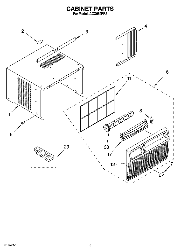 CABINET PARTS Diagram and Parts List for ACQ062PR2  Whirlpool Air Conditioner