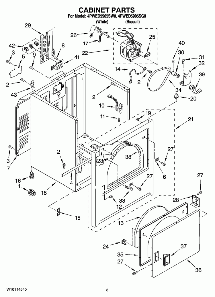 CABINET PARTS Diagram and Parts List for 4PWED5905SG0  Whirlpool Dryer