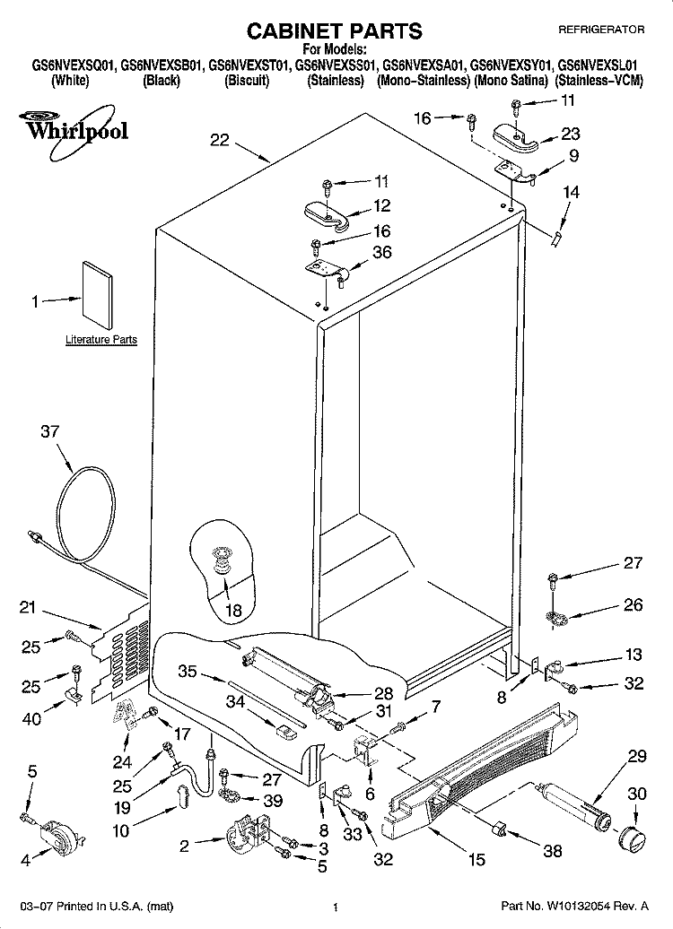 CABINET PARTS Diagram and Parts List for GS6NVEXSB01  Whirlpool Refrigerator