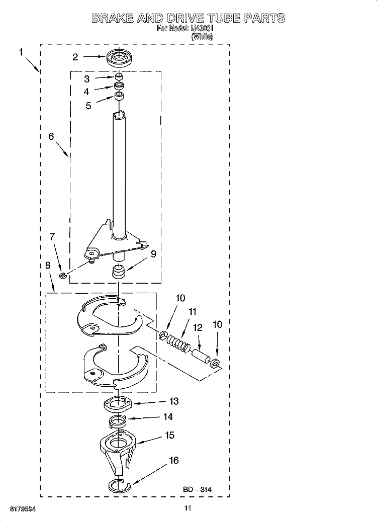 BRAKE AND DRIVE TUBE PARTS Diagram and Parts List for IJ43001  Inglis Washer