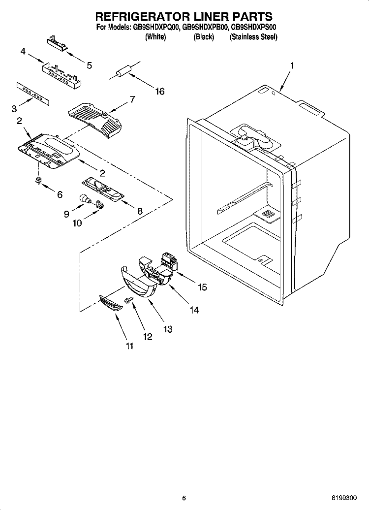 REFRIGERATOR LINER PARTS Diagram and Parts List for GB9SHDXPS00  Whirlpool Refrigerator