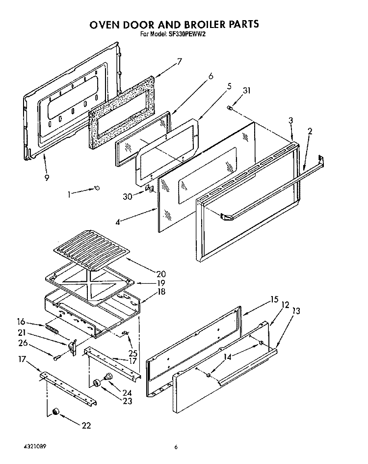OVEN DOOR AND BROILER Diagram and Parts List for SF330PEWW2  Whirlpool Range