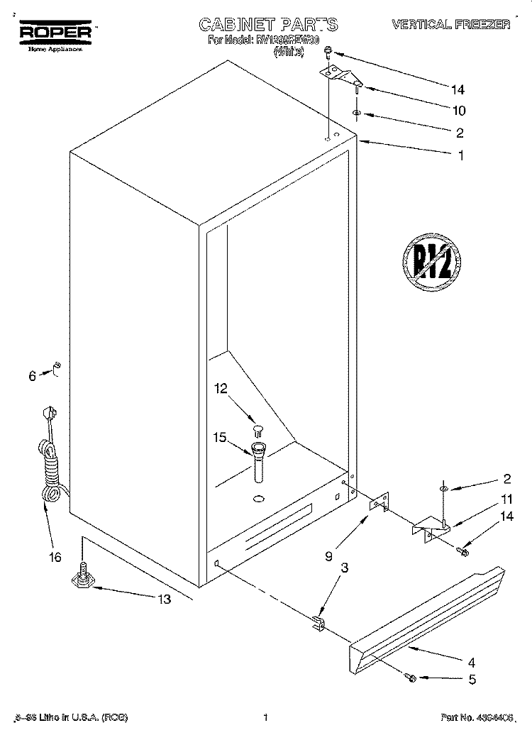 CABINET Diagram and Parts List for RV1299REW00  Roper Refrigerator
