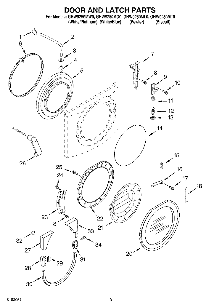 DOOR AND LATCH PARTS Diagram and Parts List for GHW9250MQ0  Whirlpool Washer