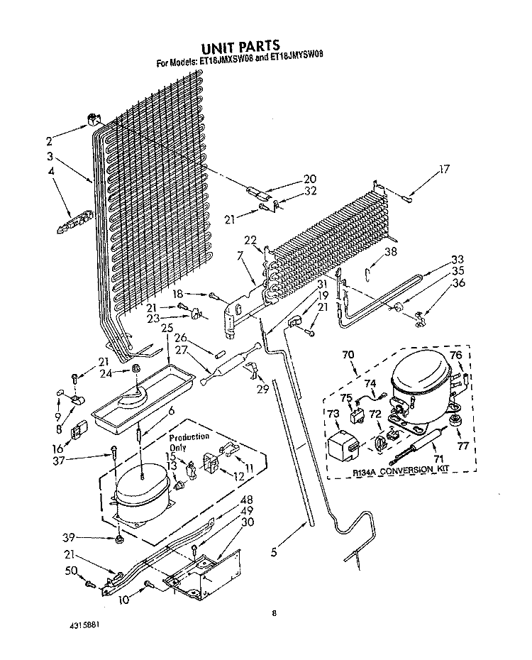 UNIT Diagram and Parts List for ET18JMXSW08  Whirlpool Refrigerator
