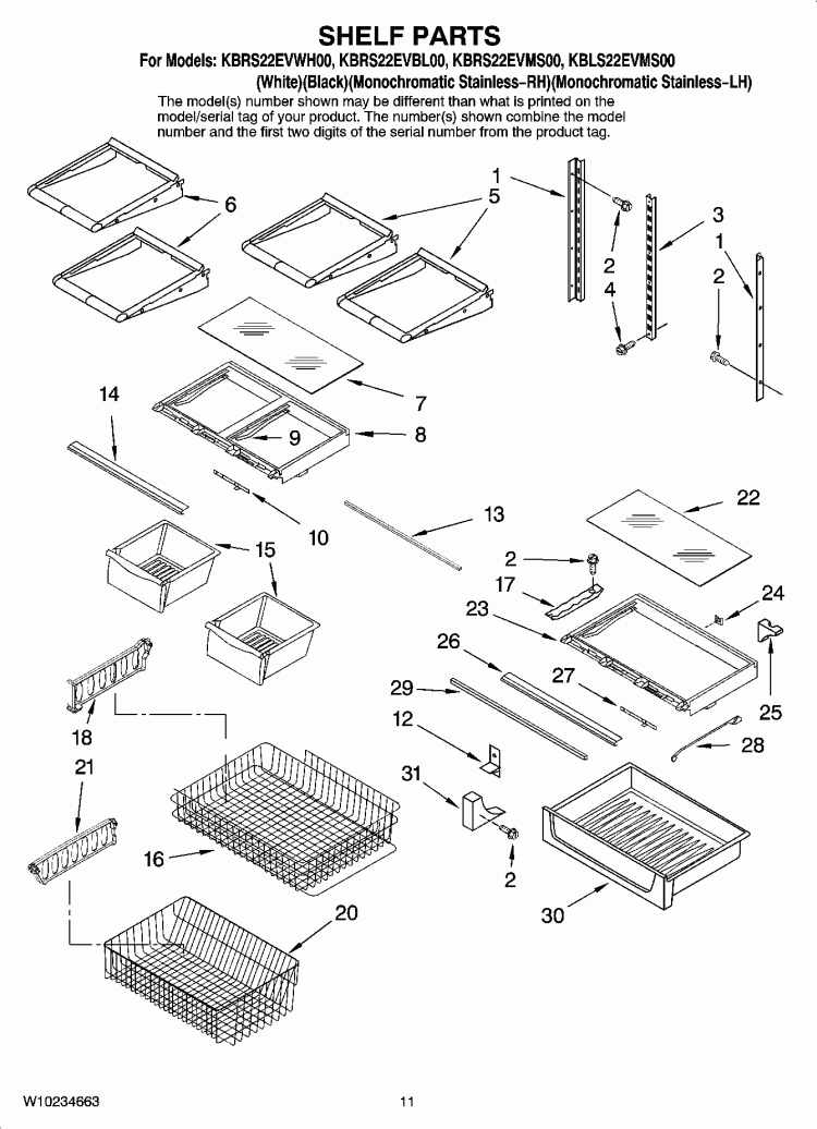 SHELF PARTS Diagram and Parts List for KBLS22EVMS00  KitchenAid Refrigerator