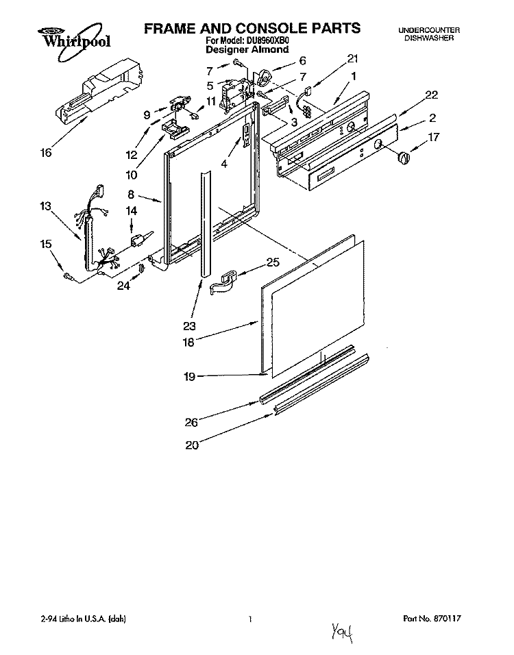 FRAME AND CONSOLE Diagram and Parts List for DU8960XB0  Whirlpool Dishwasher