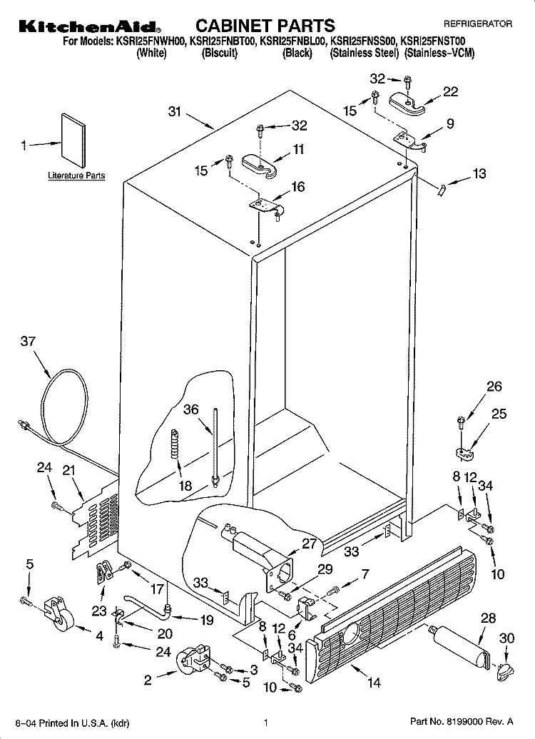 CABINET PARTS Diagram and Parts List for KSRI25FNSS00  KitchenAid Refrigerator