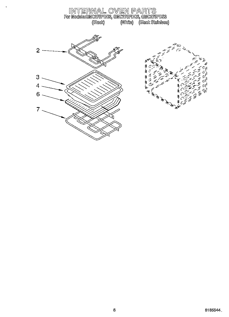 INTERNAL OVEN Diagram and Parts List for GMC275PDQ3  Whirlpool Microwave Oven Combo