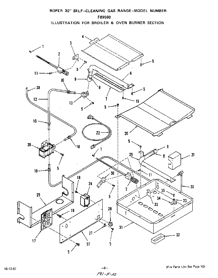 BROILER AND OVEN BURNER Diagram and Parts List for F8958W0  Roper Range