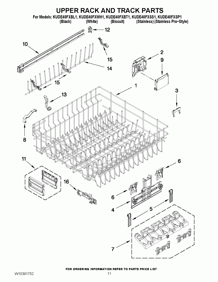 UPPER RACK AND TRACK PARTS Diagram and Parts List for KUDE40FXWH1  KitchenAid Dishwasher