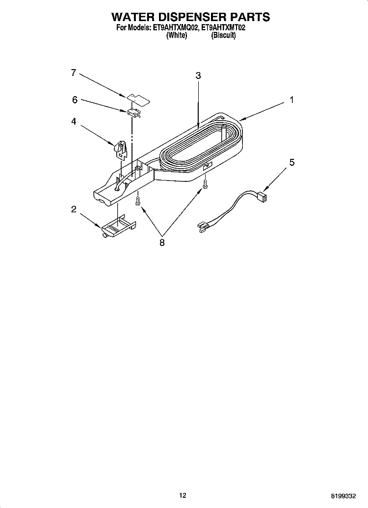 WATER DISPENSER PARTS, OPTIONAL PARTS Diagram and Parts List for ET9AHTXMQ02  Whirlpool Refrigerator