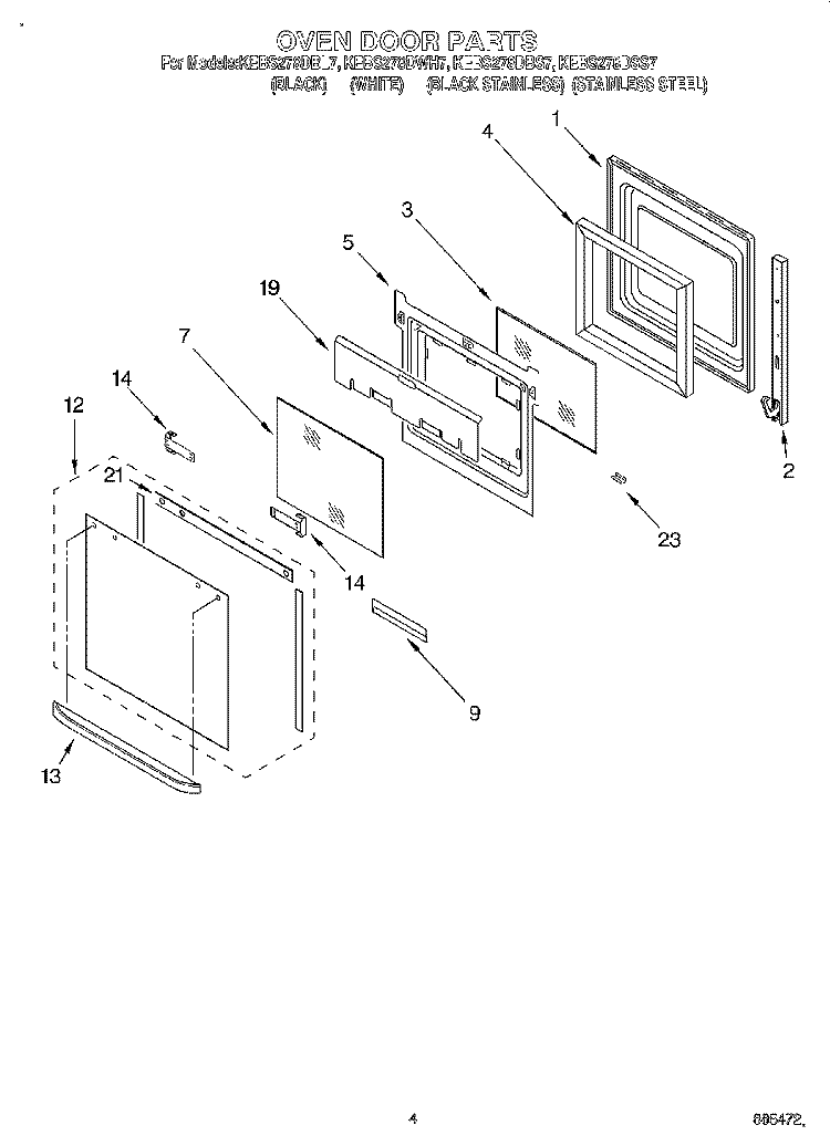 OVEN DOOR Diagram and Parts List for KEBS277DBS7  KitchenAid Wall Oven