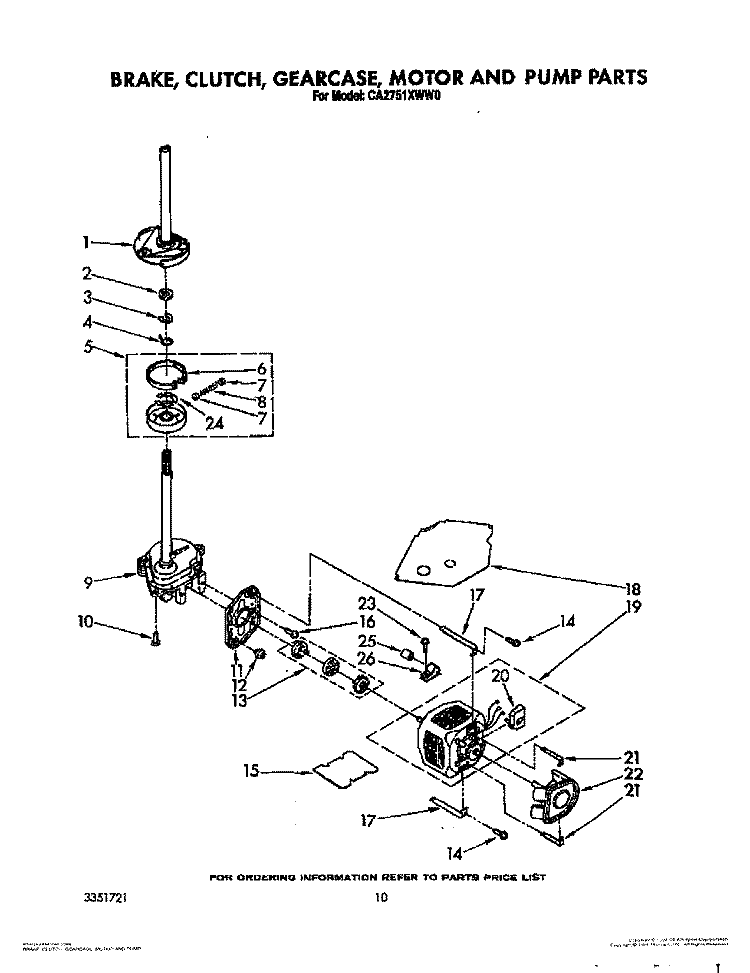 BRAKE, CLUTCH, GEARCASE, MOTOR AND PUMP Diagram and Parts List for CA2751XWW0  Whirlpool Washer
