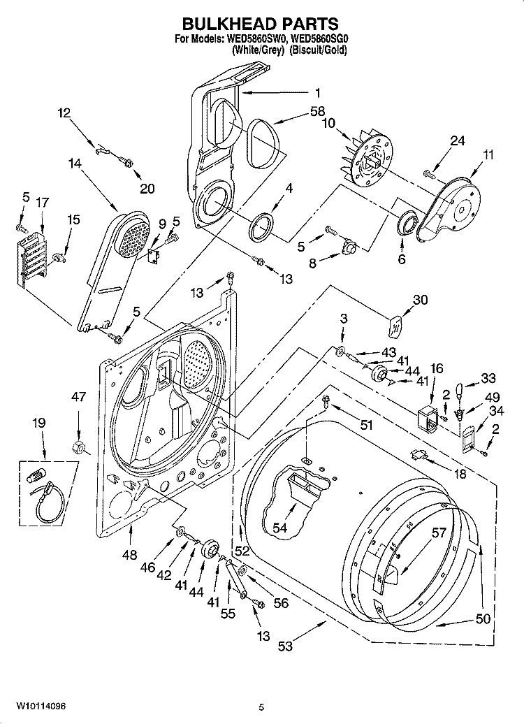 BULKHEAD PARTS, OPTIONAL PARTS (NOT INCLUDED) Diagram and Parts List for WED5860SG0  Whirlpool Dryer