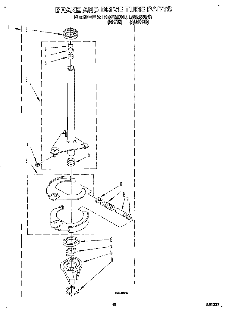 BRAKE AND DRIVE TUBE Diagram and Parts List for LSR6233DN0  Whirlpool Washer