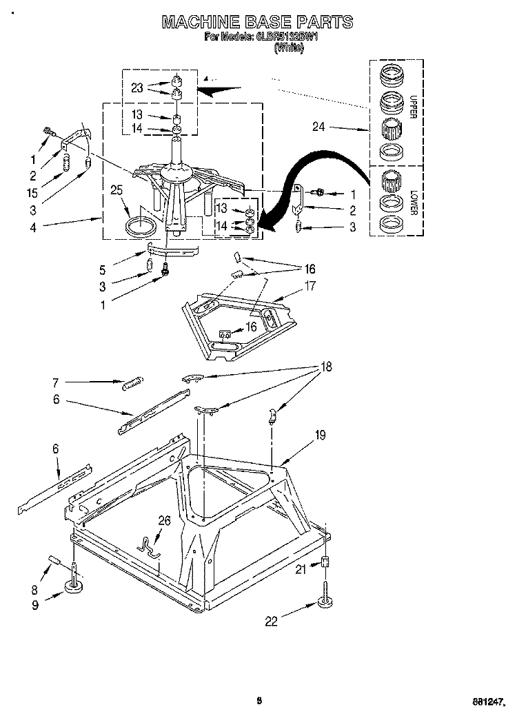 MACHINE BASE Diagram and Parts List for 6LBR5132BW1  Whirlpool Washer