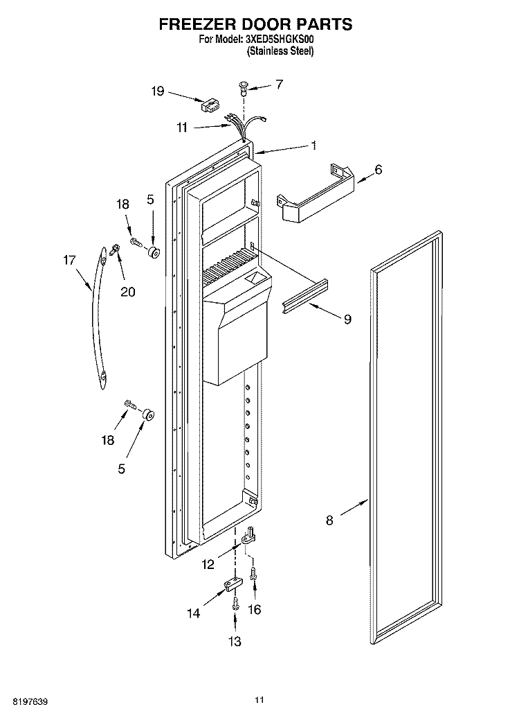 FREEZER DOOR Diagram and Parts List for 3XED5SHGKS00  Whirlpool Refrigerator