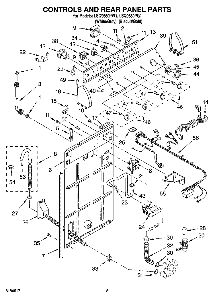CONTROLS AND REAR PANEL PARTS Diagram and Parts List for LSQ9650PG1  Whirlpool Washer