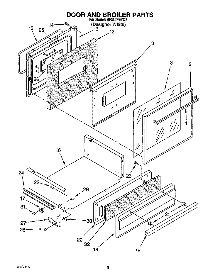 DOOR AND BROILER Diagram and Parts List for SF310PEYQ2  Whirlpool Range