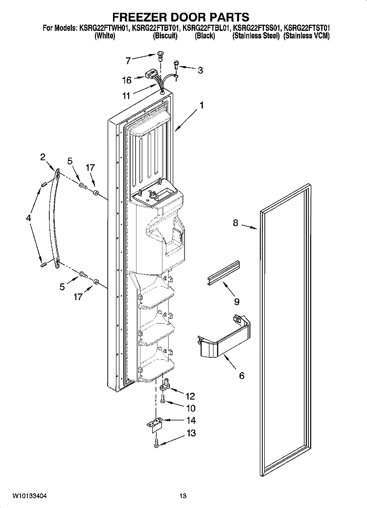 FREEZER DOOR PARTS Diagram and Parts List for KSRG22FTBL01  KitchenAid Refrigerator