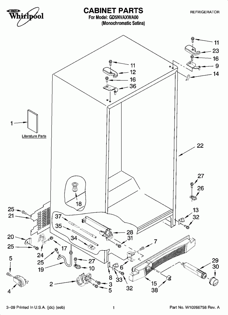 CABINET PARTS Diagram and Parts List for GD5NVAXWA00  Whirlpool Refrigerator