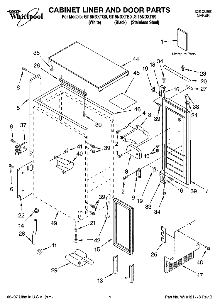CABINET LINER AND DOOR PARTS Diagram and Parts List for GI15NDXTB0  Whirlpool Ice Maker